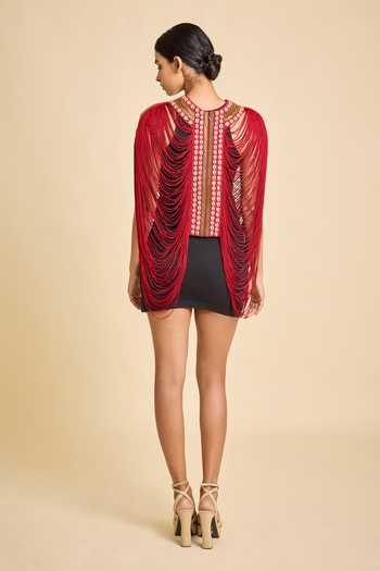 Shop_Surily G_Red Cotton Fringe High Neck Necklace Detail Top _at_Aza_Fashions