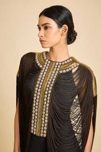 Buy_Surily G_Olive Green Cotton Fringe Round Neck Necklace Overlay Top _Online_at_Aza_Fashions