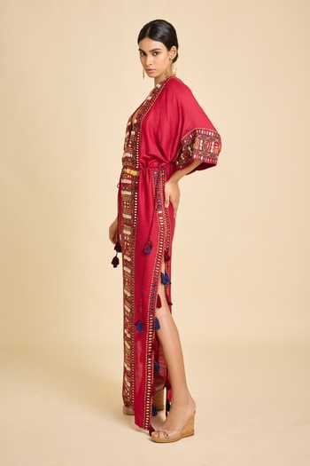 Surily G_Maroon Silk Mirrors, Tassels Plunge Neck Embroidered V Kaftan _Online_at_Aza_Fashions