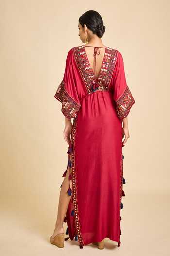 Shop_Surily G_Maroon Silk Mirrors, Tassels Plunge Neck Embroidered V Kaftan _at_Aza_Fashions