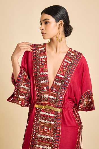 Buy_Surily G_Maroon Silk Mirrors, Tassels Plunge Neck Embroidered V Kaftan _Online_at_Aza_Fashions