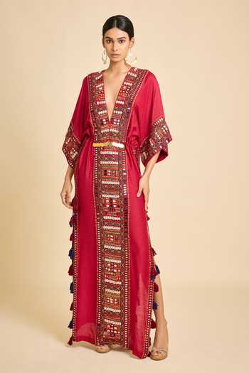 Buy_Surily G_Maroon Silk Mirrors, Tassels Plunge Neck Embroidered V Kaftan _at_Aza_Fashions