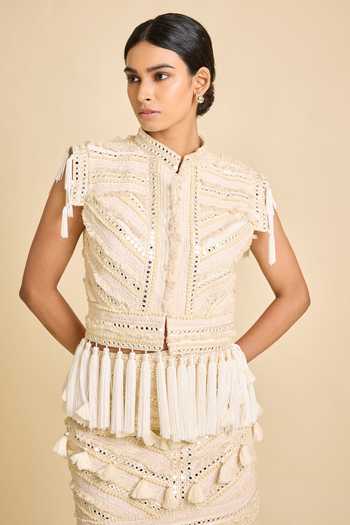 Surily G_Ivory Silk Mirrors, Tassels, Fringe Mandarin Collar Jacket _Online_at_Aza_Fashions