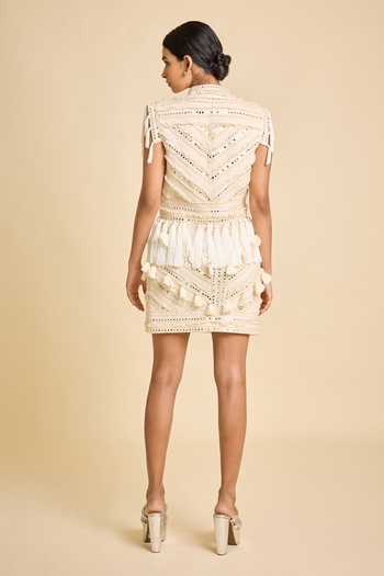 Shop_Surily G_Ivory Silk Mirrors, Tassels, Fringe Mandarin Collar Jacket _at_Aza_Fashions