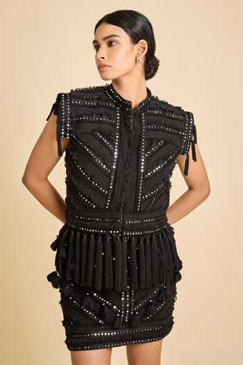 Surily G_Black Silk Mirrors, Tassels, Fringe Mandarin Collar Embellished Jacket _Online_at_Aza_Fashions