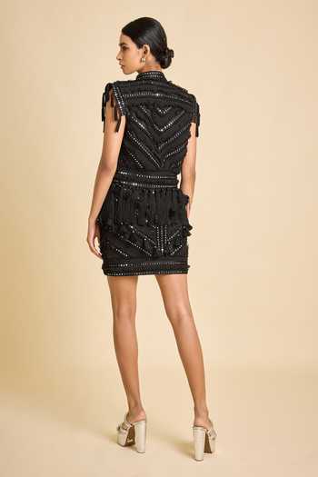 Shop_Surily G_Black Silk Mirrors, Tassels, Fringe Mandarin Collar Embellished Jacket _at_Aza_Fashions