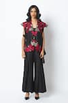 Buy_Madder Much_Black Chanderi Silk Open Neck, Scoop Pilar Floating Embroidered Cape And Pant Set 