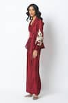 Madder Much_Red Chanderi Silk Burgandy Reva Blazer Wrap Top And Wide Legged Pant Set _Online_at_Aza_Fashions
