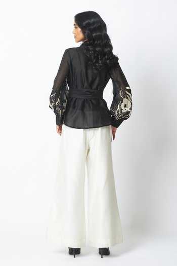Shop_MADDER MUCH_Black Chanderi Silk, Cotton Reva Blazer Wrap Top And Wide Legged Pant Set _at_Aza_Fashions