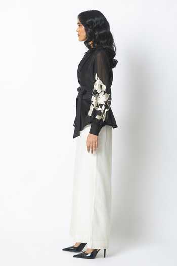 MADDER MUCH_Black Chanderi Silk, Cotton Reva Blazer Wrap Top And Wide Legged Pant Set _Online_at_Aza_Fashions