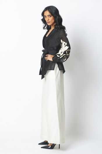 Buy_MADDER MUCH_Black Chanderi Silk, Cotton Reva Blazer Wrap Top And Wide Legged Pant Set _Online_at_Aza_Fashions