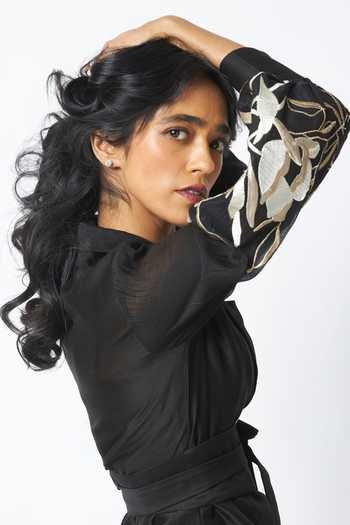 MADDER MUCH_Black Chanderi Silk, Cotton Reva Blazer Wrap Top And Wide Legged Pant Set _at_Aza_Fashions
