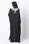 Shop_Madder Much_Black Crepe, Satin Embroidery Round Neck Anisa Vintage Flowy Kaftan Set _at_Aza_Fashions