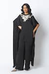 Buy_Madder Much_Black Crepe, Satin Embroidery Round Neck Anisa Vintage Flowy Kaftan Set _at_Aza_Fashions