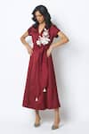 Buy_Madder Much_Burgundy Cotton Satin, Bemberg Sequins, Ravena Floral Embroidered Wrap Dress _at_Aza_Fashions