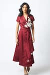 Buy_Madder Much_Burgundy Cotton Satin, Bemberg Sequins, Ravena Floral Embroidered Wrap Dress _Online_at_Aza_Fashions