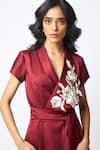 Shop_Madder Much_Burgundy Cotton Satin, Bemberg Sequins, Ravena Floral Embroidered Wrap Dress _Online_at_Aza_Fashions