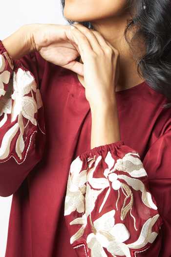 MADDER MUCH_Burgundy Bemberg, Cotton, Satin Embroidery Poey Sculpted Sleeve Shift Dress _Online_at_Aza_Fashions