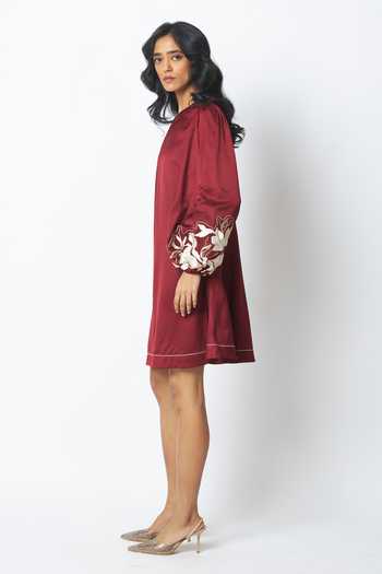 Buy_MADDER MUCH_Burgundy Bemberg, Cotton, Satin Embroidery Poey Sculpted Sleeve Shift Dress _Online_at_Aza_Fashions