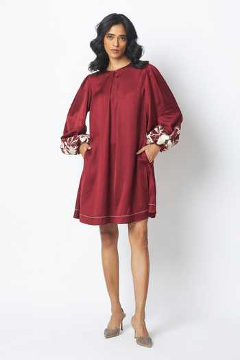 Shop_MADDER MUCH_Burgundy Bemberg, Cotton, Satin Embroidery Poey Sculpted Sleeve Shift Dress _Online_at_Aza_Fashions