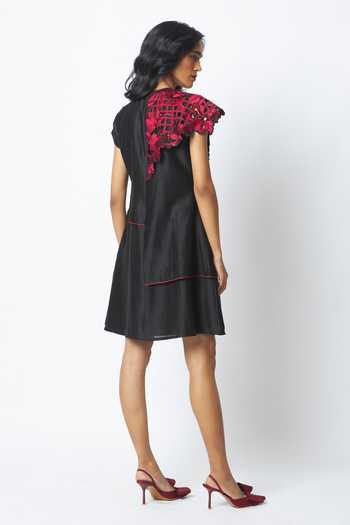 Shop_MADDER MUCH_Black Cotton, Chanderi Silk Embroidery Round Monica Shoulder Bib Ladder Dress _at_Aza_Fashions