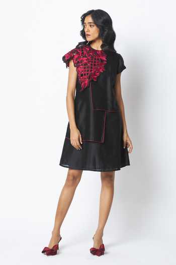 MADDER MUCH_Black Cotton, Chanderi Silk Embroidery Round Monica Shoulder Bib Ladder Dress _Online_at_Aza_Fashions