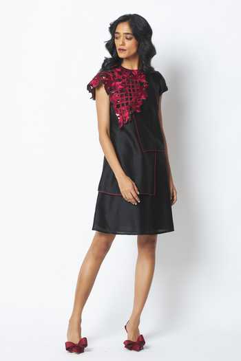 Buy_MADDER MUCH_Black Cotton, Chanderi Silk Embroidery Round Monica Shoulder Bib Ladder Dress _Online_at_Aza_Fashions
