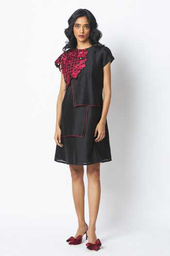 Shop_MADDER MUCH_Black Cotton, Chanderi Silk Embroidery Round Monica Shoulder Bib Ladder Dress _Online_at_Aza_Fashions
