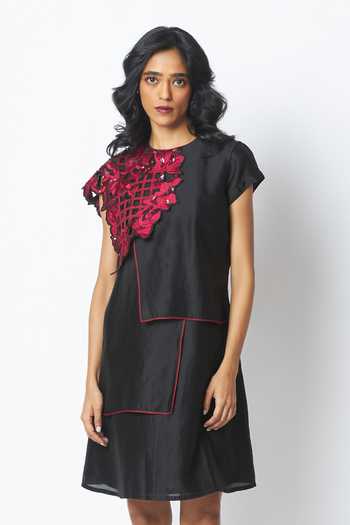 MADDER MUCH_Black Cotton, Chanderi Silk Embroidery Round Monica Shoulder Bib Ladder Dress _at_Aza_Fashions
