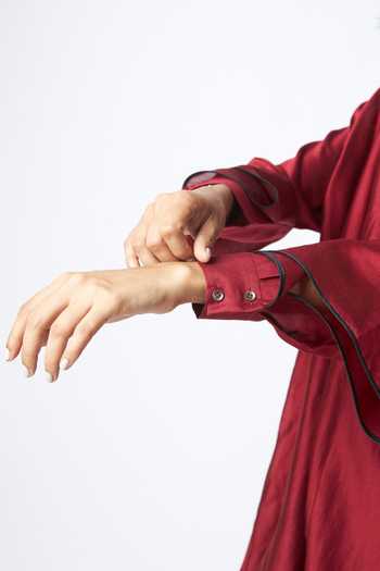 MADDER MUCH_Red Chanderi Silk, Cotton Embroidery Split V-neck Regina Swing Dress _Online_at_Aza_Fashions