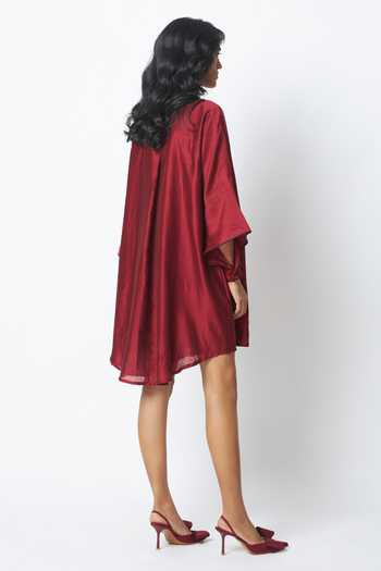 Shop_MADDER MUCH_Red Chanderi Silk, Cotton Embroidery Split V-neck Regina Swing Dress _at_Aza_Fashions