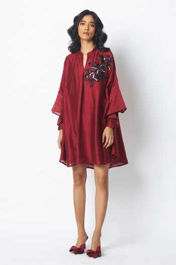Shop_MADDER MUCH_Red Chanderi Silk, Cotton Embroidery Split V-neck Regina Swing Dress _Online_at_Aza_Fashions