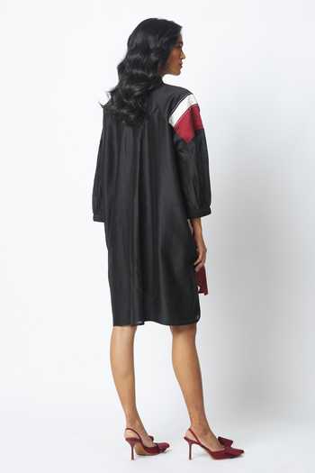 Shop_MADDER MUCH_Black Cotton, Chanderi Silk Mandarin Collar Bretta The Artist Pod Dress _at_Aza_Fashions