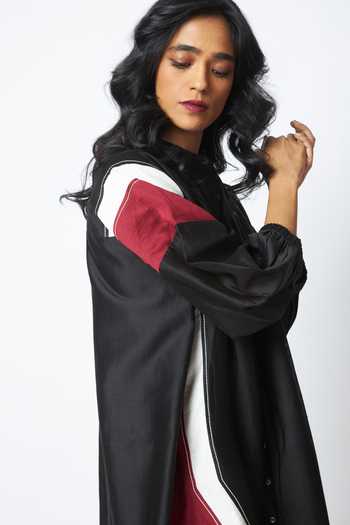 MADDER MUCH_Black Cotton, Chanderi Silk Mandarin Collar Bretta The Artist Pod Dress _Online_at_Aza_Fashions