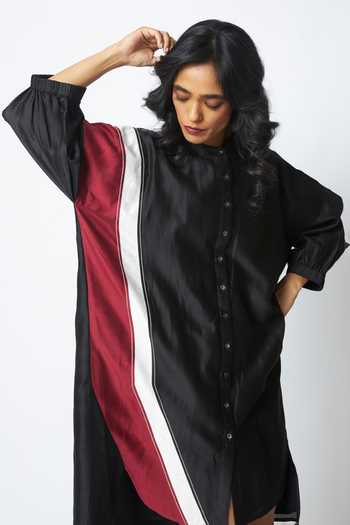 Buy_MADDER MUCH_Black Cotton, Chanderi Silk Mandarin Collar Bretta The Artist Pod Dress _Online_at_Aza_Fashions