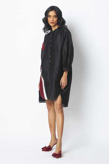 Shop_MADDER MUCH_Black Cotton, Chanderi Silk Mandarin Collar Bretta The Artist Pod Dress _Online_at_Aza_Fashions