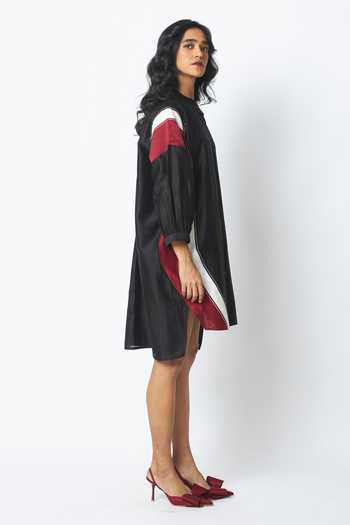 MADDER MUCH_Black Cotton, Chanderi Silk Mandarin Collar Bretta The Artist Pod Dress _at_Aza_Fashions