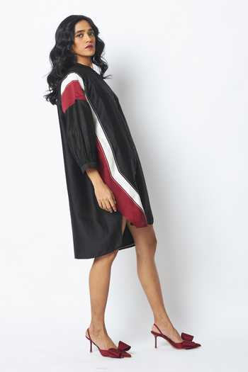 Buy_MADDER MUCH_Black Cotton, Chanderi Silk Mandarin Collar Bretta The Artist Pod Dress 