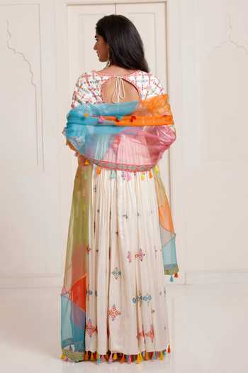 Shop_Surily G_Multi Color Silk, Organza Embroidery, Tassels, Pom-poms Anarkali And Dupatta Set _at_Aza_Fashions