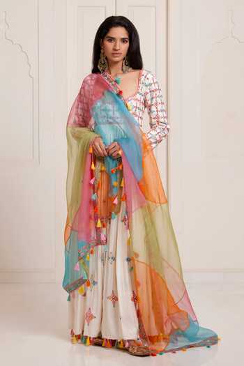 Buy_Surily G_Multi Color Silk, Organza Embroidery, Tassels, Pom-poms Anarkali And Dupatta Set _at_Aza_Fashions
