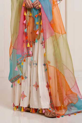 Surily G_Multi Color Silk, Organza Embroidery, Tassels, Pom-poms Anarkali And Dupatta Set _Online_at_Aza_Fashions