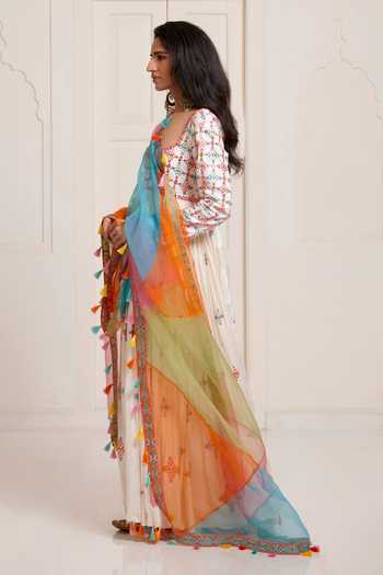 Buy_Surily G_Multi Color Silk, Organza Embroidery, Tassels, Pom-poms Anarkali And Dupatta Set _Online_at_Aza_Fashions