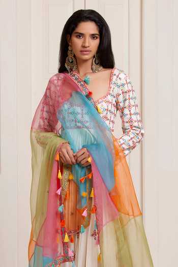 Shop_Surily G_Multi Color Silk, Organza Embroidery, Tassels, Pom-poms Anarkali And Dupatta Set _Online_at_Aza_Fashions
