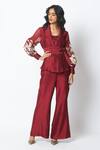 Buy_Madder Much_Red Chanderi Silk Burgandy Reva Blazer Wrap Top And Wide Legged Pant Set _at_Aza_Fashions