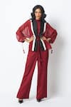 Buy_Madder Much_Burgundy Chanderi Silk, Organza, Georgette, Carla Sheer Tie Up Jacket And Pant Set _at_Aza_Fashions