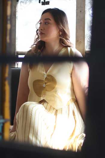 Prahnaaya_Yellow Satin, Modal V-neck Stripe Pattern Skirt And Top Set _Online_at_Aza_Fashions