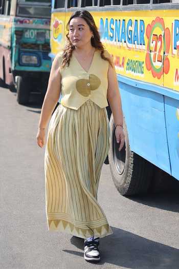 Shop_Prahnaaya_Yellow Satin, Modal V-neck Stripe Pattern Skirt And Top Set _at_Aza_Fashions