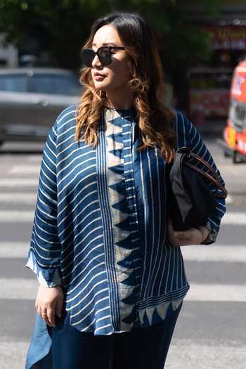 Buy_Prahnaaya_Blue Modal, Satin Mandarin Collar Stripe Print Shirt And Pant Set _Online_at_Aza_Fashions