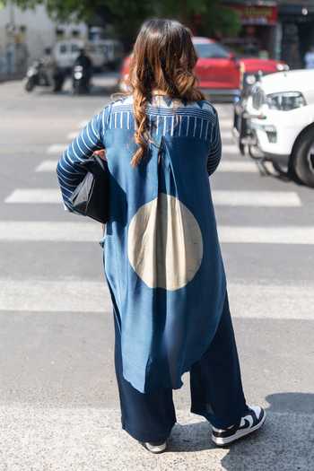Shop_Prahnaaya_Blue Modal, Satin Mandarin Collar Stripe Print Shirt And Pant Set _at_Aza_Fashions