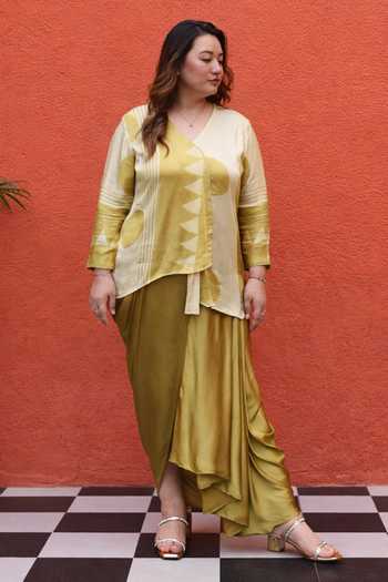 Prahnaaya_Yellow Satin, Modal V-neck Triangle Print Top And Skirt Set _Online_at_Aza_Fashions